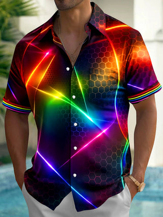 Adaychic Men's Graphic Abstract Neon Hexagon Geometric Print Short Sleeve Button Down Shirt with Chest Pocket