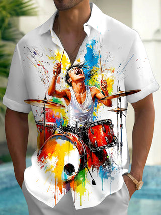Adaychic Men's Drummer Paint Splatter Graphic Print Short Sleeve Button Down Shirt with Chest Pocket