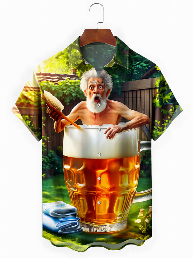 Fun Old Man Bathing In Beer Mug Men's Pocket Short Sleeve Shirts