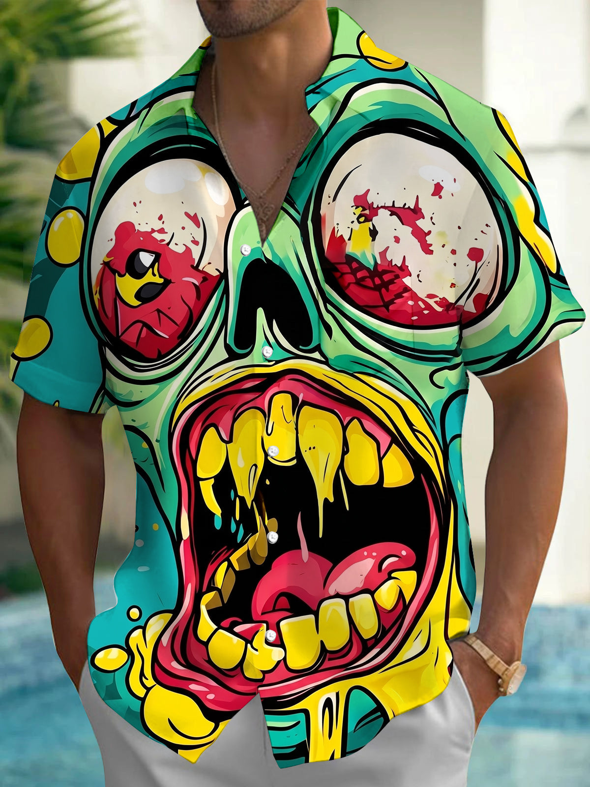Graffiti Zombie Face Men's Pocket Short Sleeve Shirts