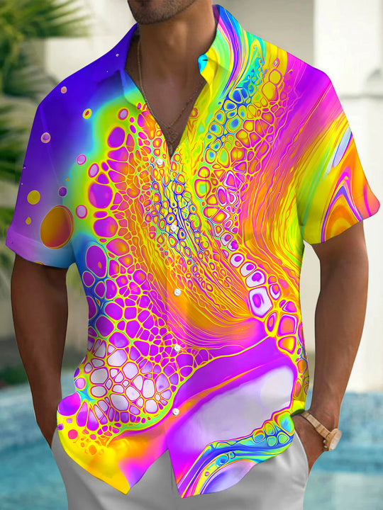 Colorful Neon Fluid Cellular Texture Men's Pocket Short Sleeve Shirts