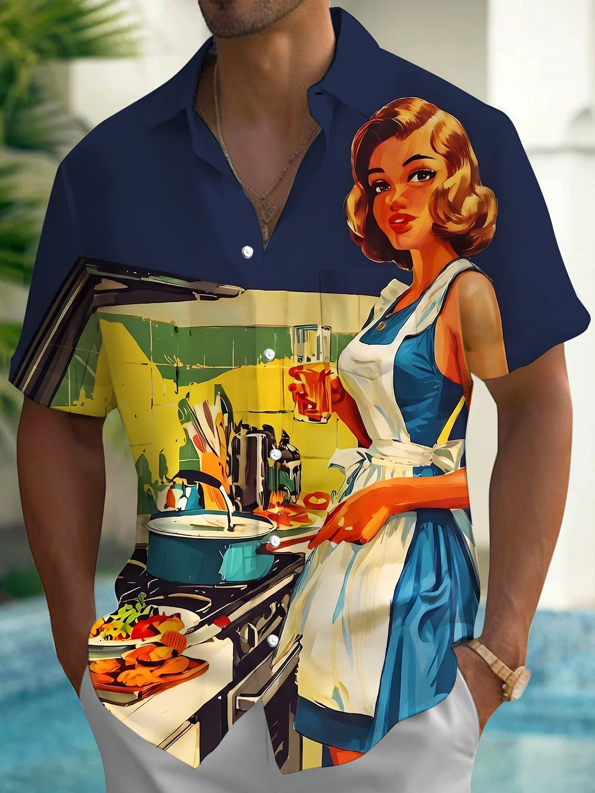 Vintage Kitchen Pin-up Lady Men's Pocket Short Sleeve Shirts