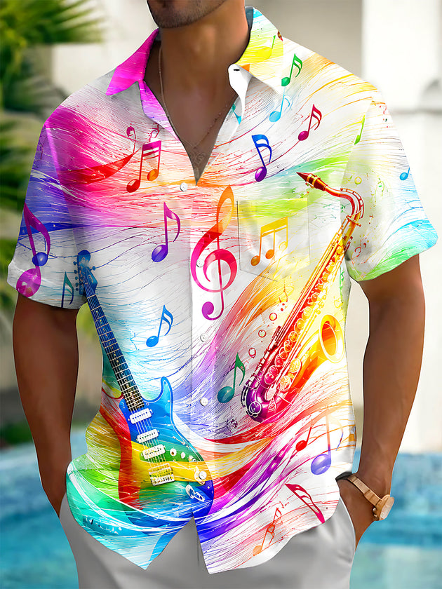 Colorful Musical Notes & Instruments Men's Pocket Short Sleeve Shirts