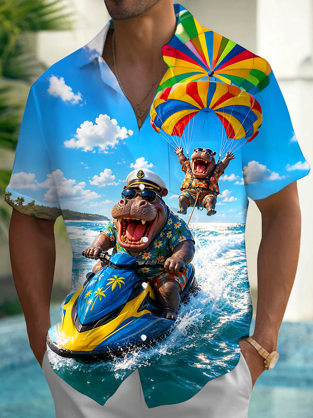 Fun Hippos Jet Skiing & Parasailing Men's Pocket Short Sleeve Shirts