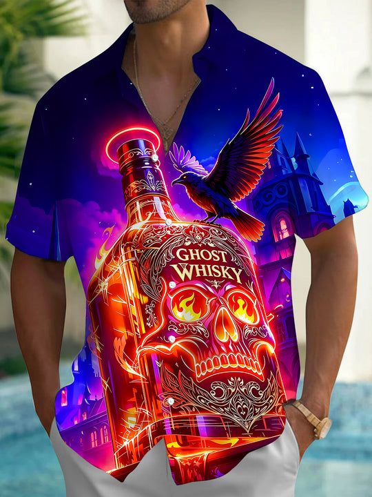 Dark Ghost Whiskey Skull Bottle & Crow Men's Pocket Short Sleeve Shirts