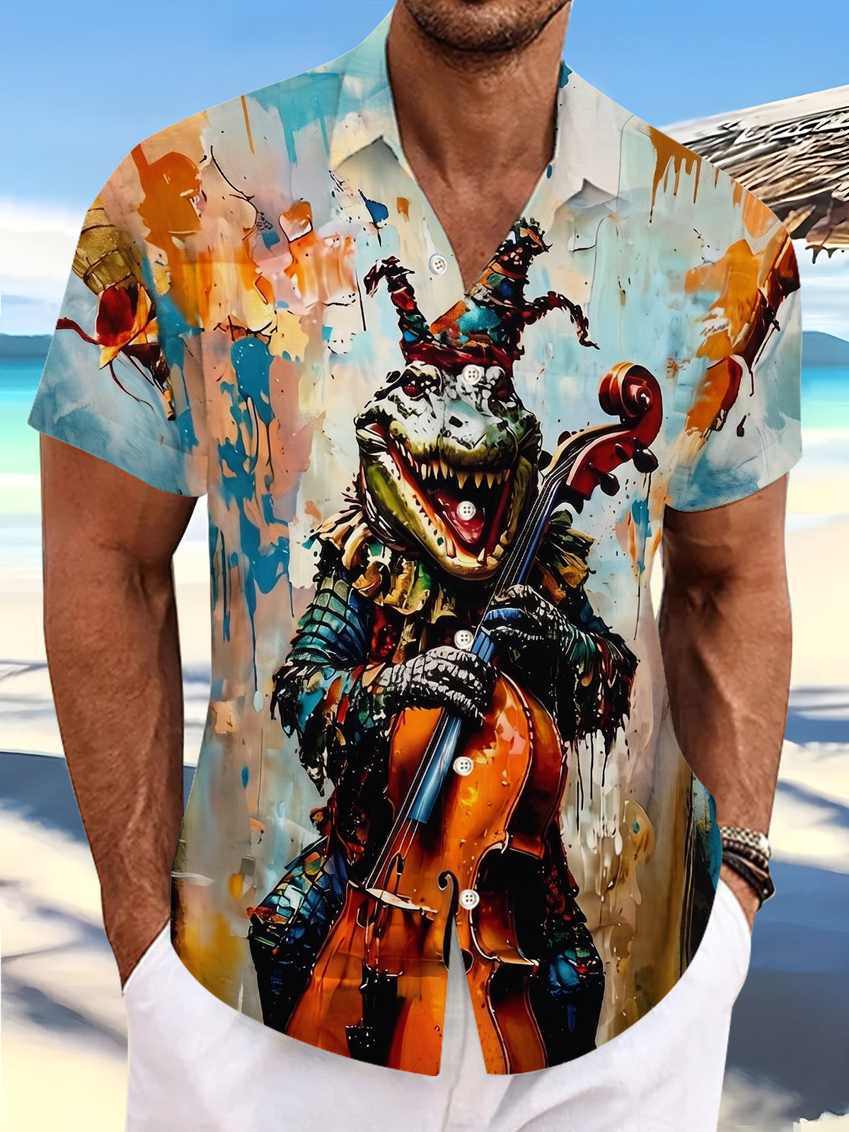 Fun Clown Crocodile Playing Cello Graffiti Painting Men's Pocket Short Sleeve Shirts