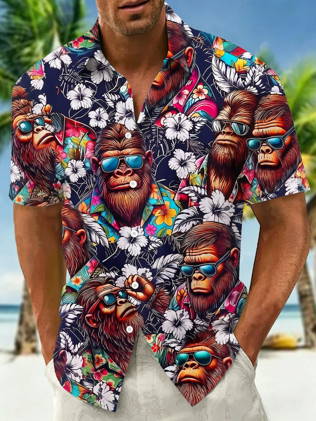 Fun Sunglasses Gorillas Tropical Floral Men's Pocket Short Sleeve Shirts