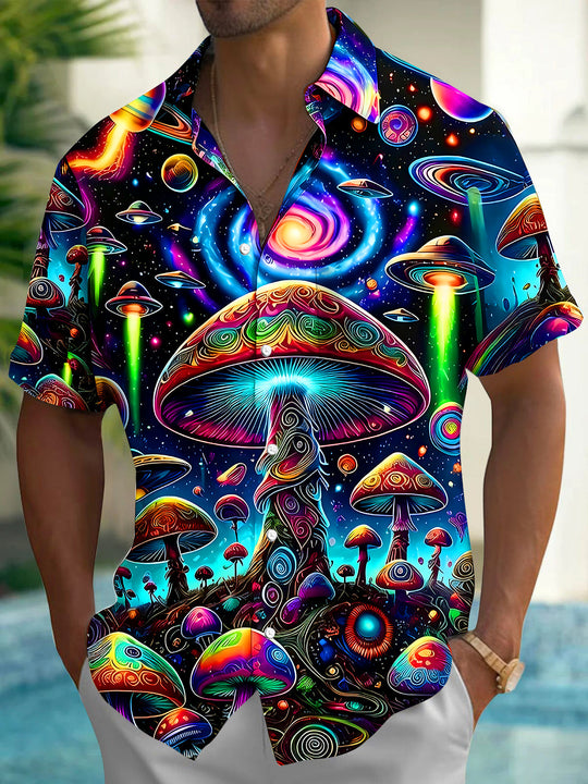Psychedelic Starry Sky Glowing Mushrooms & UFOs Men's Pocket Short Sleeve Shirts