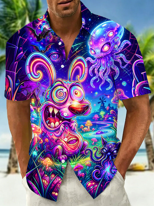 Psychedelic Neon Weird Dog & Octopus Fantasy Forest Men's Pocket Short Sleeve Shirts