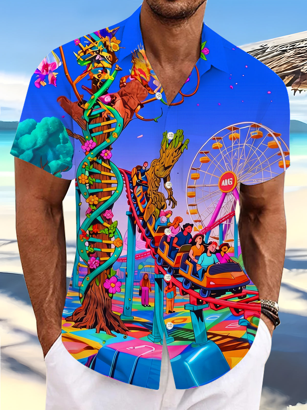 Amusement Park DNA Tree Roller Coaster Ferris Wheel Men's Pocket Short Sleeve Shirts