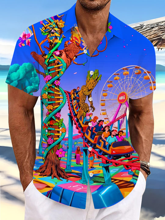 Amusement Park DNA Tree Roller Coaster Ferris Wheel Men's Pocket Short Sleeve Shirts