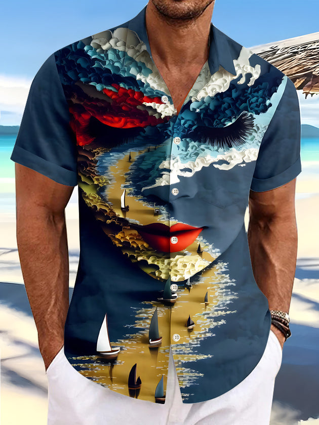Art Mountain Sea Face & Sailboats Men's Pocket Short Sleeve Shirts