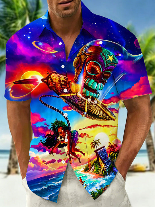 Space Tiki Mask Surfer Girl Hawaii Men's Pocket Short Sleeve Shirts