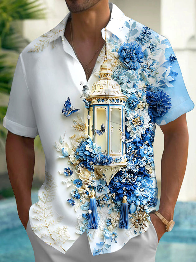 3D Blue White Floral Lantern & Butterflies Men's Pocket Short Sleeve Shirts
