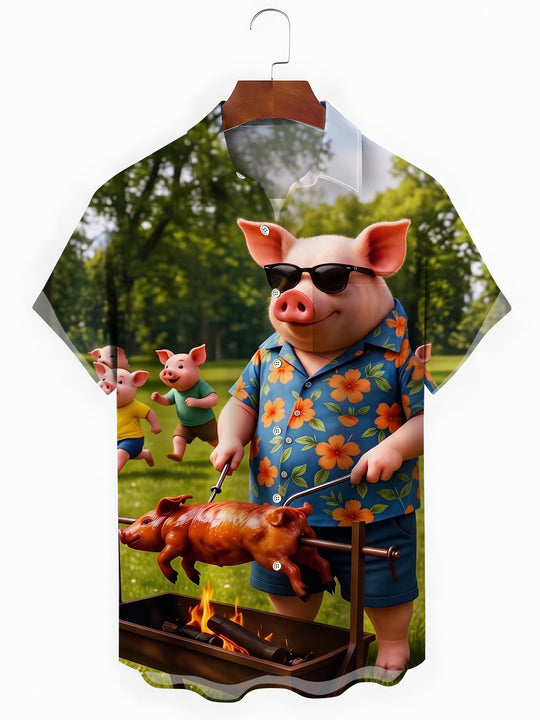 Fun Sunglasses Pig Outdoor Roast Piglet Picnic Men's Pocket Short Sleeve Shirts