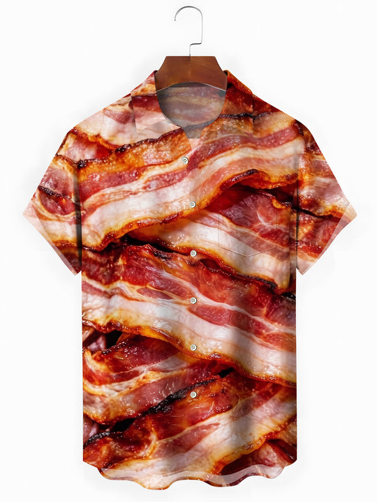 Realistic Bacon Slice Texture Men's Pocket Short Sleeve Shirts
