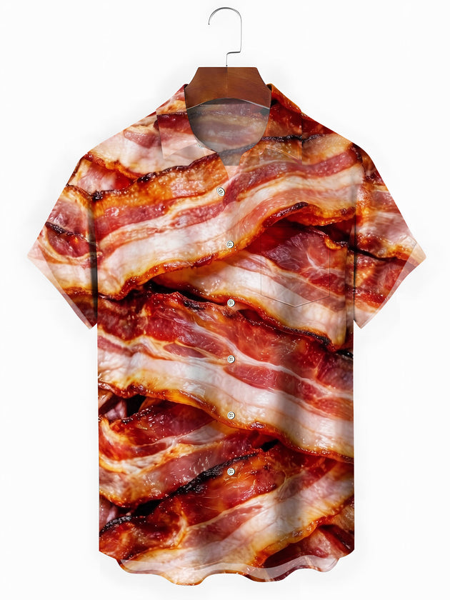 Realistic Bacon Slice Texture Men's Pocket Short Sleeve Shirts