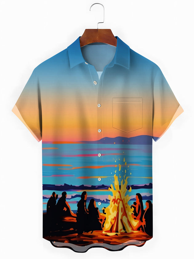 Seaside Sunset Campfire Crowd Silhouette Men's Pocket Short Sleeve Shirts
