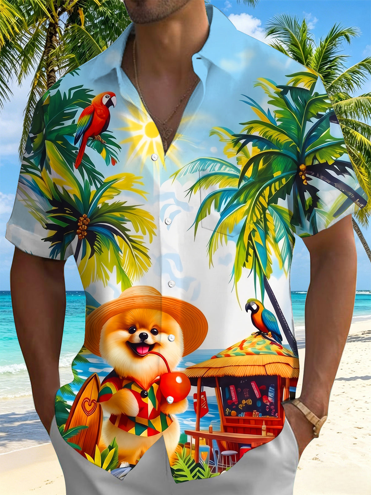 Hawaiian Beach Pomeranian Parrot Coconut Tree Vacation Men's Pocket Short Sleeve Shirts