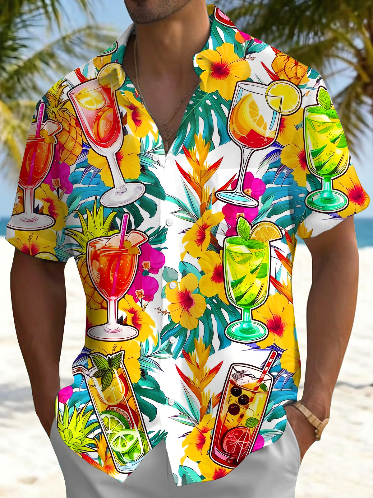 Hawaiian Tropical Floral Colorful Cocktail Drinks Men's Pocket Short Sleeve Shirts