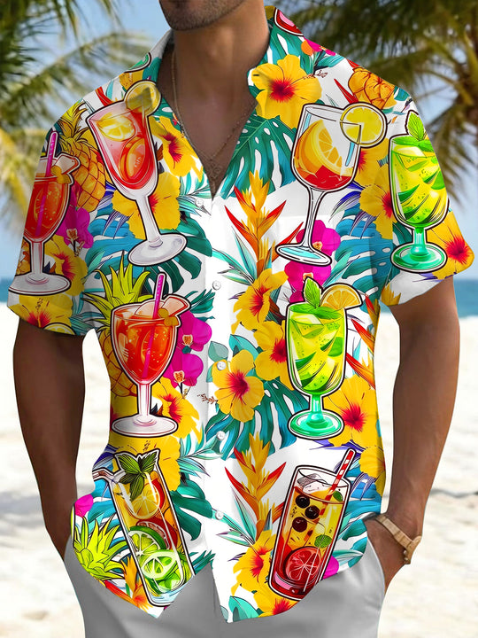 Hawaiian Tropical Floral Colorful Cocktail Drinks Men's Pocket Short Sleeve Shirts