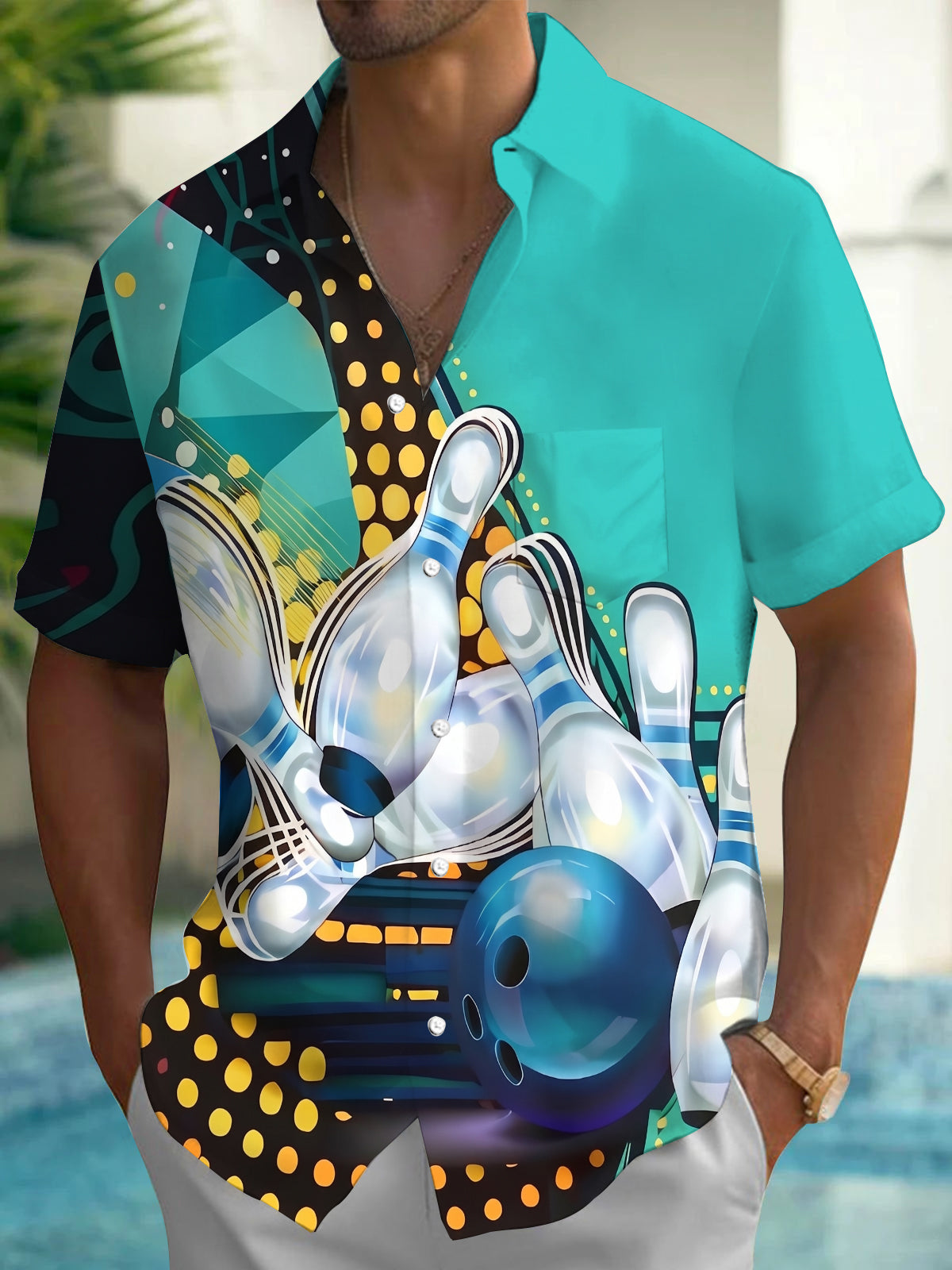 Geometric Polka Dot Bowling Sport Men's Pocket Short Sleeve Shirts