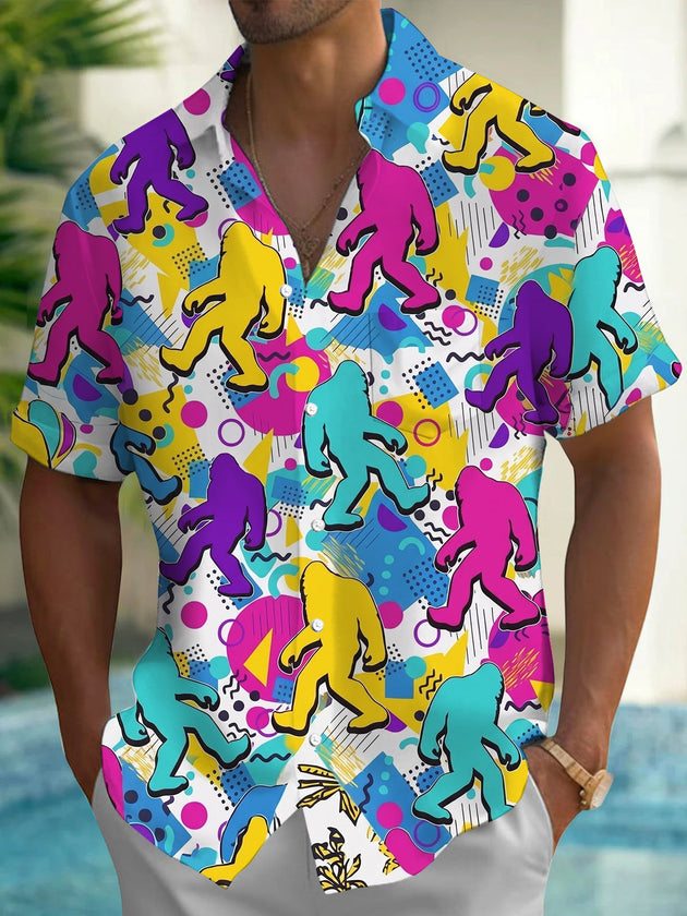 Vintage Colorful Bigfoot Geometric Graffiti Men's Pocket Short Sleeve Shirts