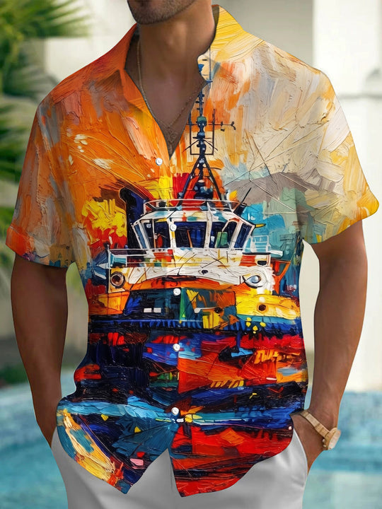 Art Oil Painting Harbor Cruise Ship Scenery Men's Pocket Short Sleeve Shirts