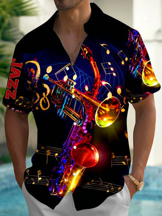 Adaychic Men's Graphic Jazz Musical Instruments Print Short Sleeve Button Down Shirt with Chest Pocket
