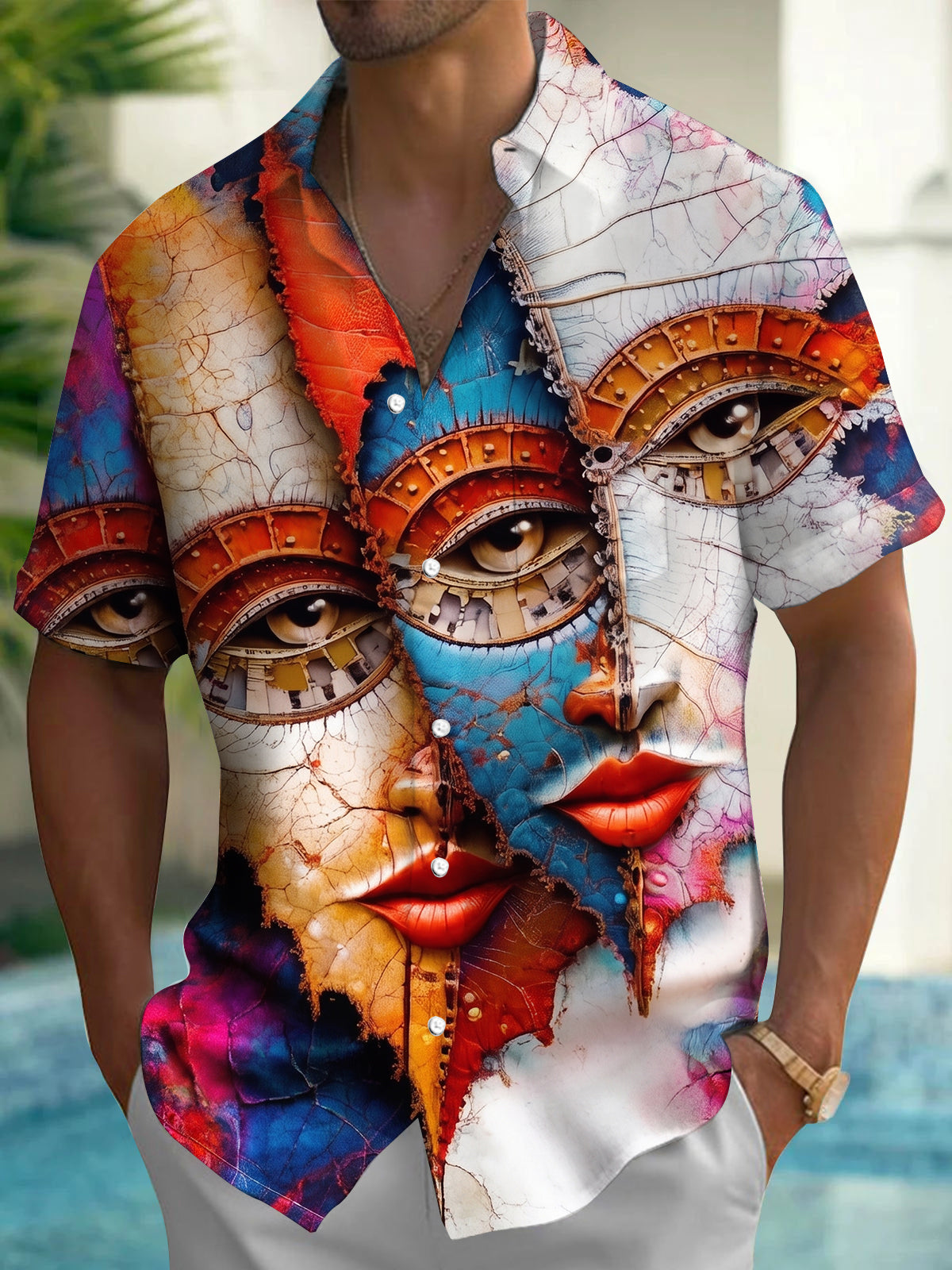 Art Vintage Cracked Human Face Men's Pocket Short Sleeve Shirts
