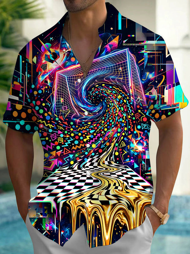 Psychedelic Abstract Vortex Geometric Neon Optical Illusion Men's Pocket Short Sleeve Shirts