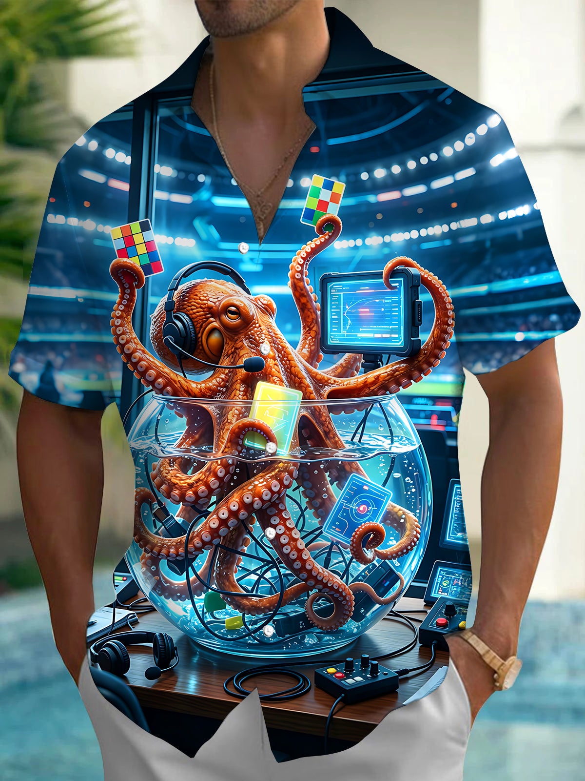 Fun E-Sports Control Room Glass Tank Octopus Referee Men's Pocket Short Sleeve Shirts