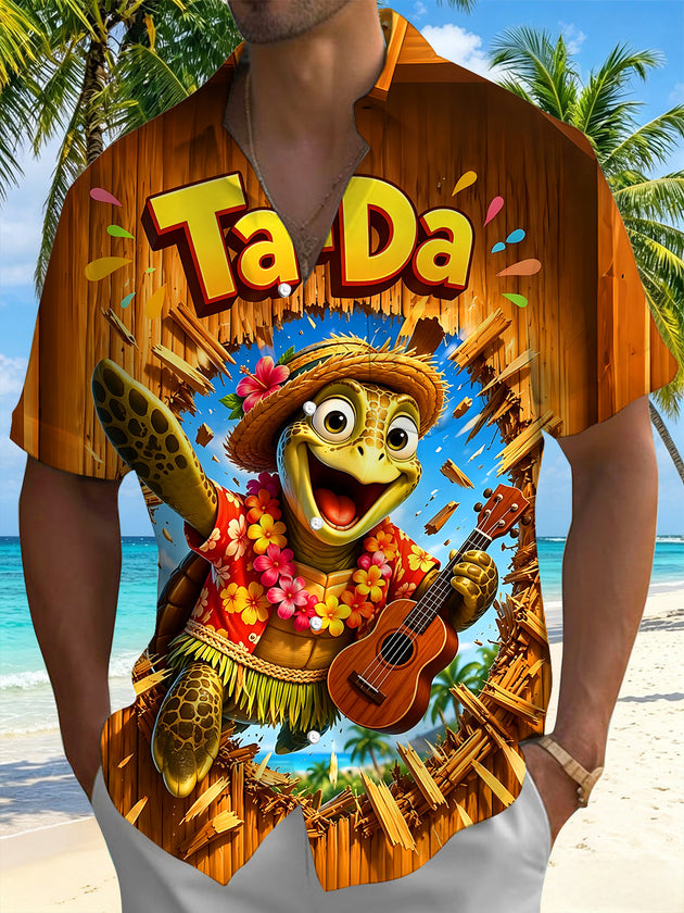 Fun Hawaiian Broken Wood Cartoon Turtle Ukulele Men's Pocket Short Sleeve Shirts