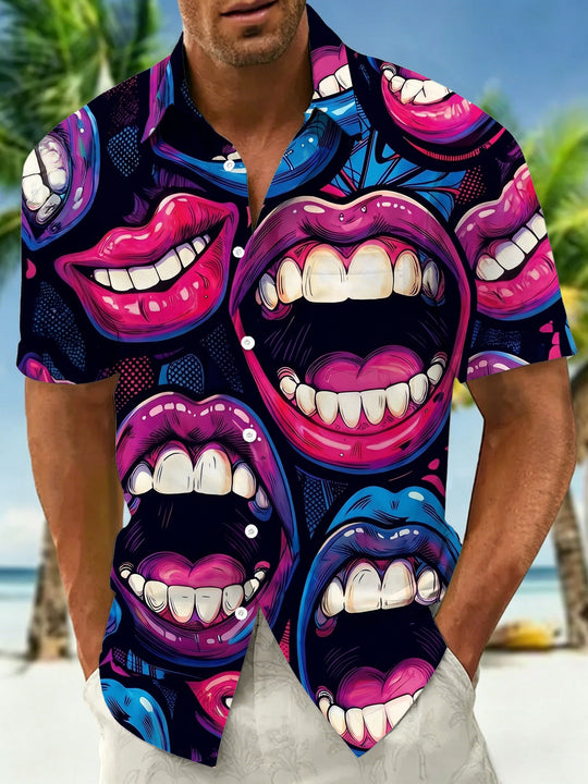 Fun Abstract Trendy Graffiti Colorful Open Lips Men's Pocket Short Sleeve Shirts