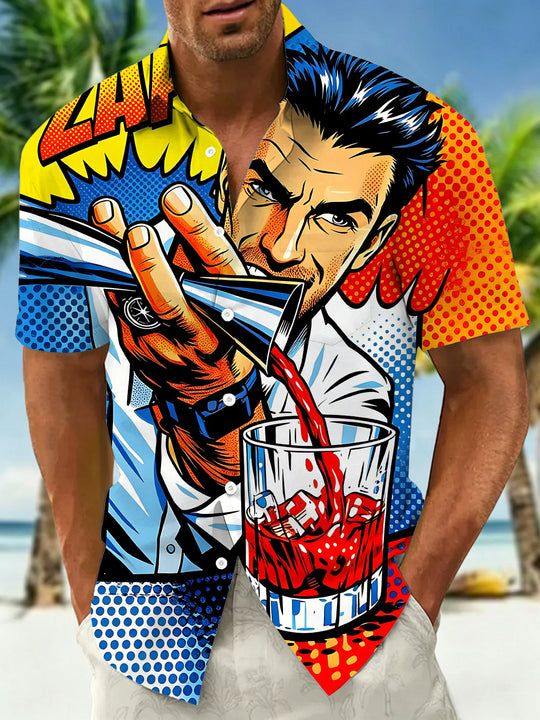 Vintage Colorful Male Bartender Pouring Drinks Men's Pocket Short Sleeve Shirts