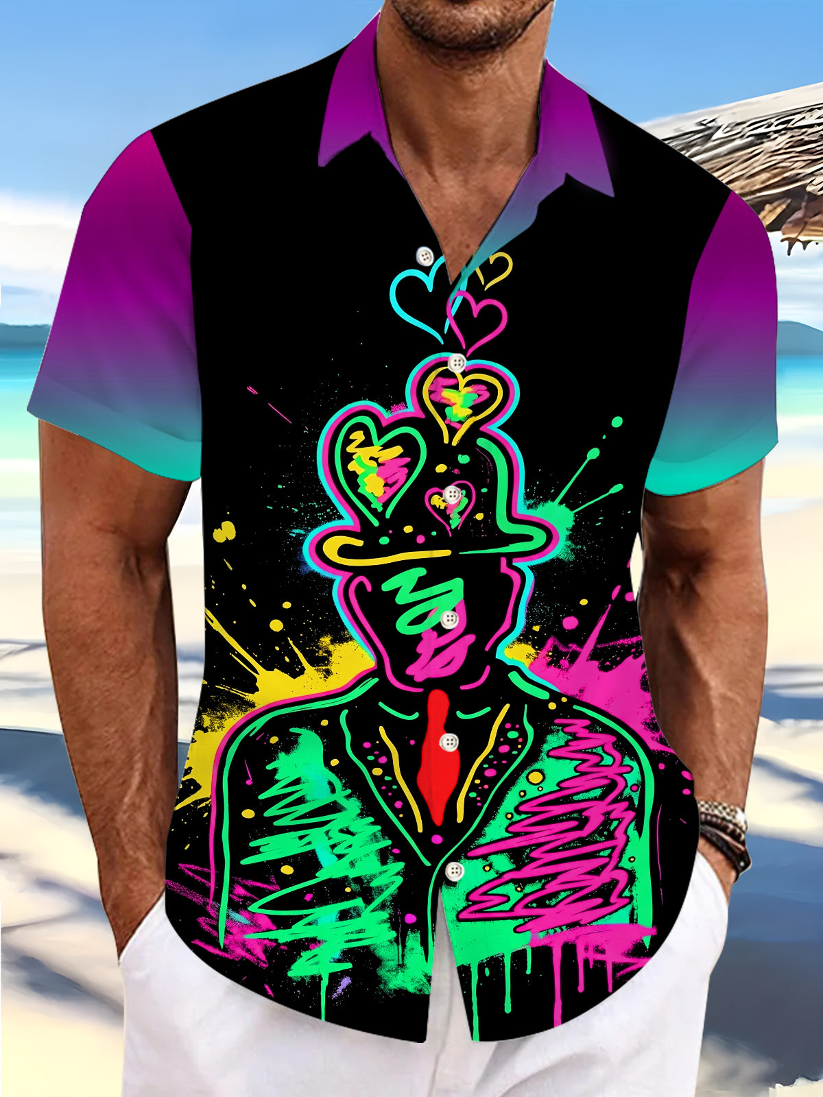 Fun Dark Neon Heart Top Hat Man Graffiti Splash Paint Men's Pocket Short Sleeve Shirts