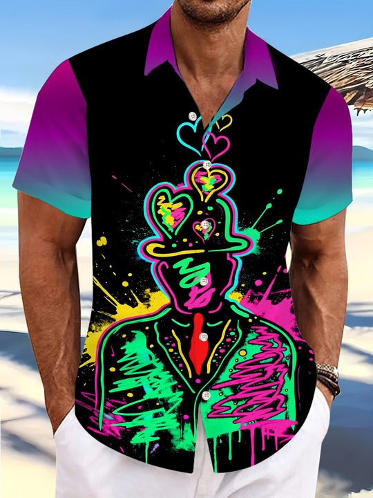 Fun Dark Neon Heart Top Hat Man Graffiti Splash Paint Men's Pocket Short Sleeve Shirts