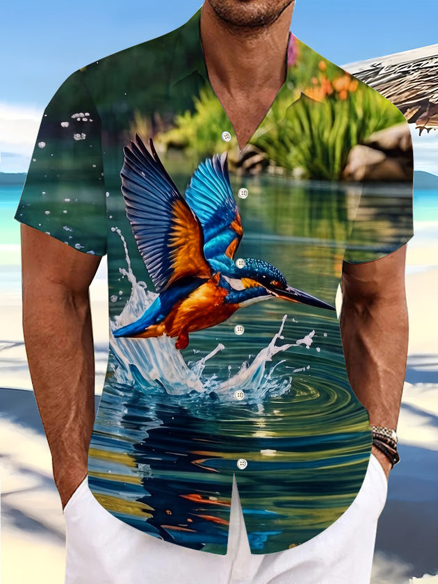 Lake Flying Kingfisher Realistic Waterscape  Men's Pocket Short Sleeve Shirts