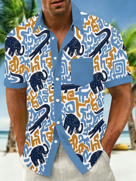 Hawaiian Ethnic Style Elephant Crocodile Geometric Pattern Men's Pocket Short Sleeve Shirts
