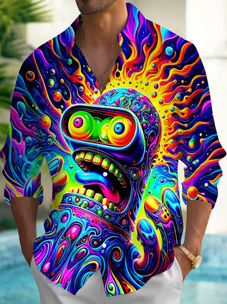 Adaychic Men's Graphic Abstract Psychedelic Skull Swirl Print Long Sleeve Button Down Shirt with Chest Pocket