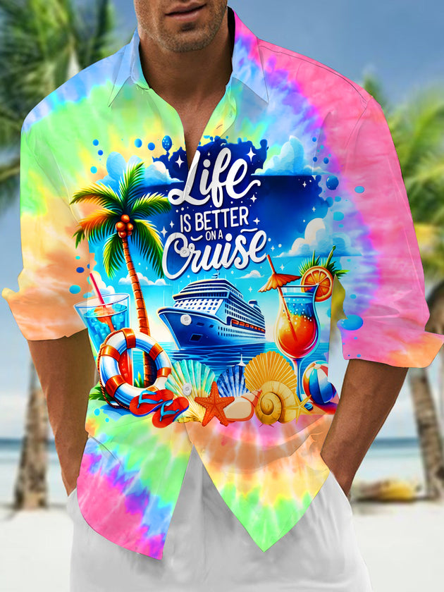 Hawaiian Colorful Tie Dye Comfortable Cruise Life Men's Pocket Long Sleeve Shirts