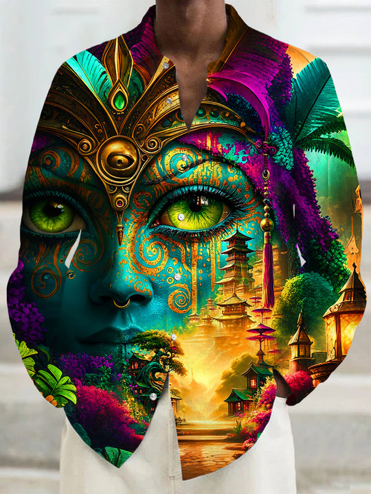 Art Abstract Face Exotic Mystic Realm Men's Pocket Long Sleeve Shirts