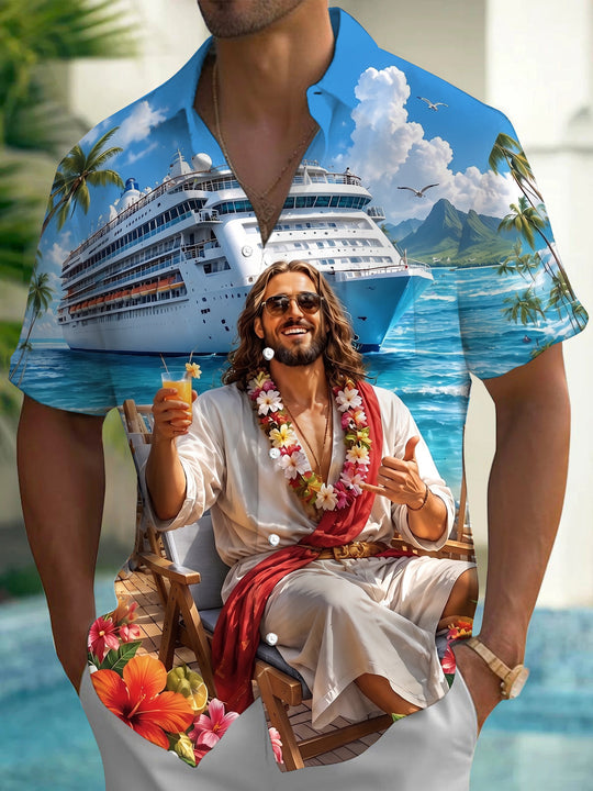 Fun Hawaiian Vacation Cruise Jesus Men's Pocket Short Sleeve Shirts