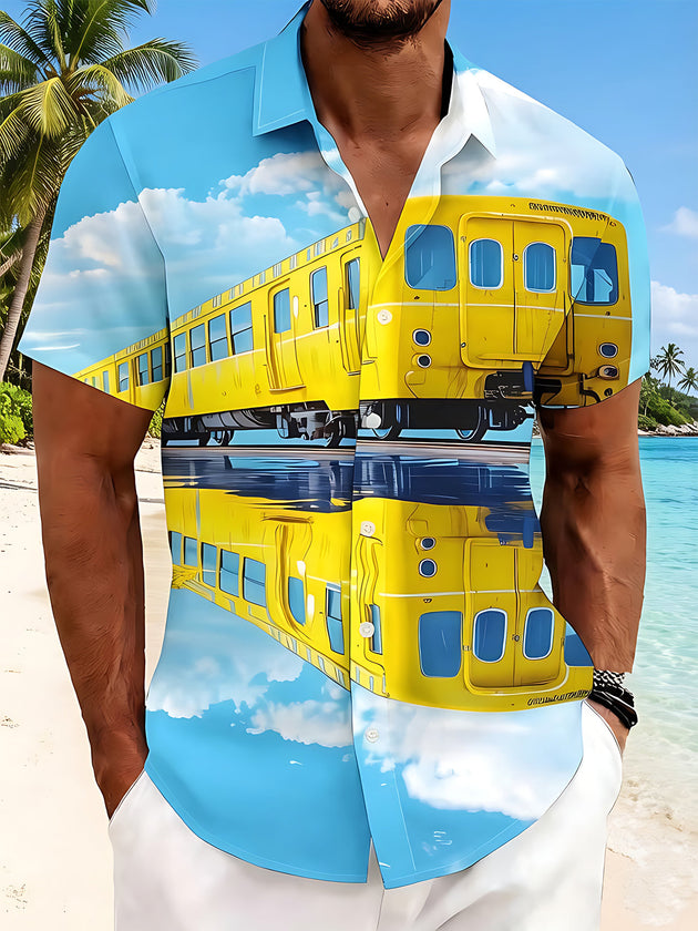 Hawaiian Seaside Yellow Train Men's Pocket Short Sleeve Shirts