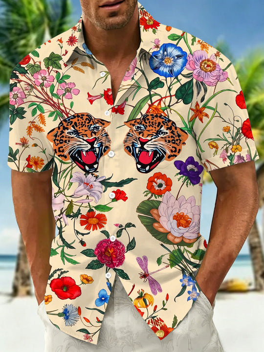Retro Hawaiian Floral Double Leopard Men's Pocket Short Sleeve Shirts