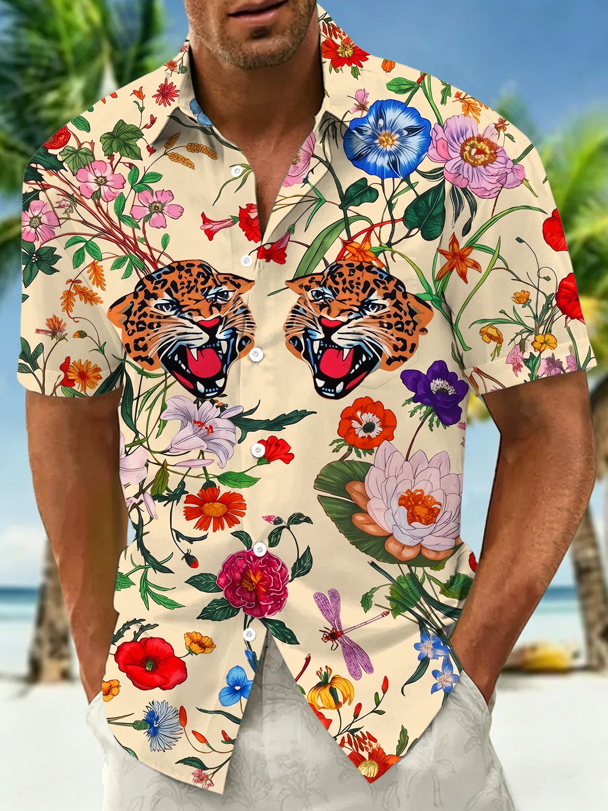 Retro Hawaiian Floral Double Leopard Men's Pocket Short Sleeve Shirts