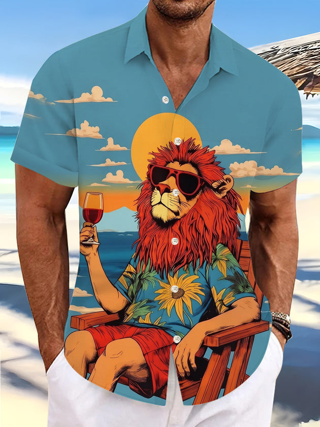 Retro Hawaiian Vacation Lion With Sunglasses Men's Pocket Short Sleeve Shirts