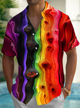 Adaychic Men's Red Graphic Abstract Swirl Gradient Print Short Sleeve Button Down Shirt with Chest Pocket