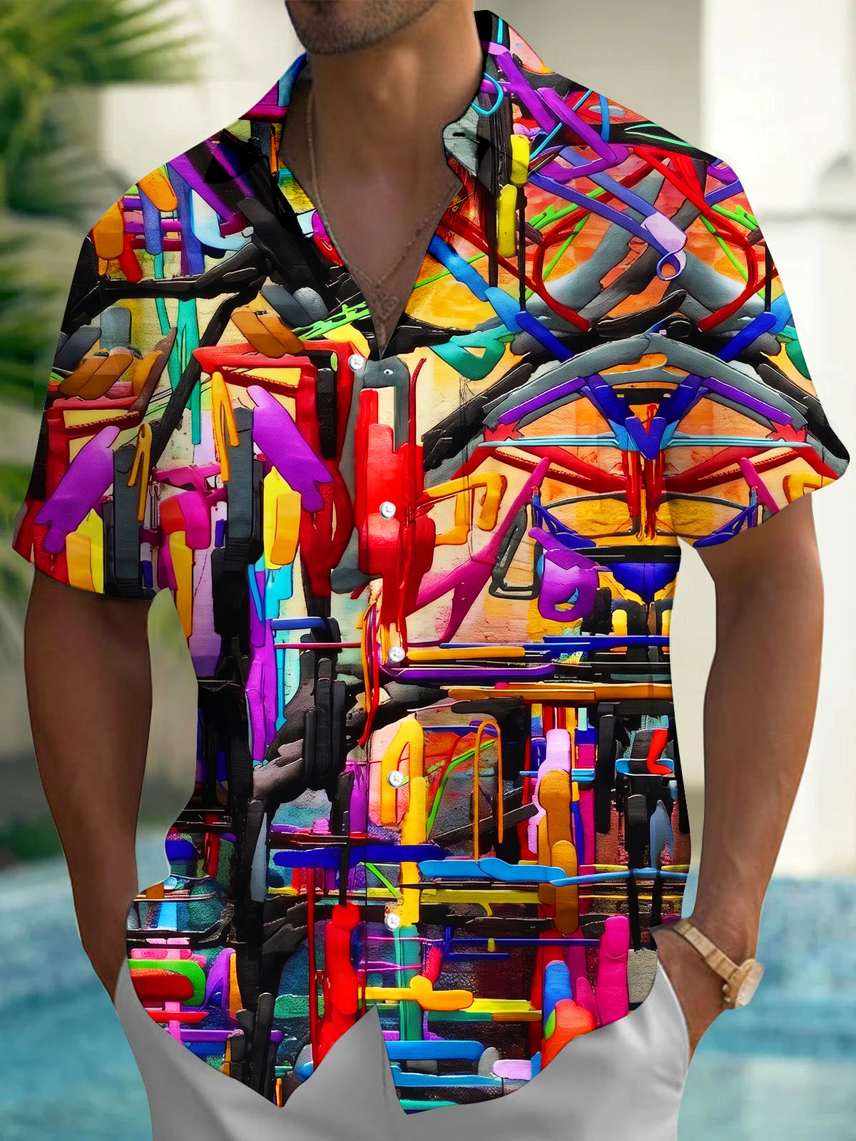 Vibrant Colorful Abstract Tangled Lines Men's Pocket Short Sleeve Shirts