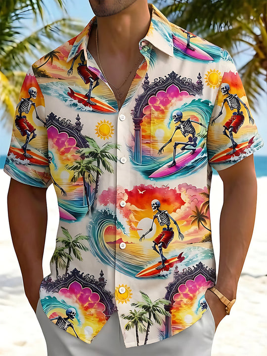 Fun Hawaiian Island Surfing Skeleton Men's Pocket Short Sleeve Shirts